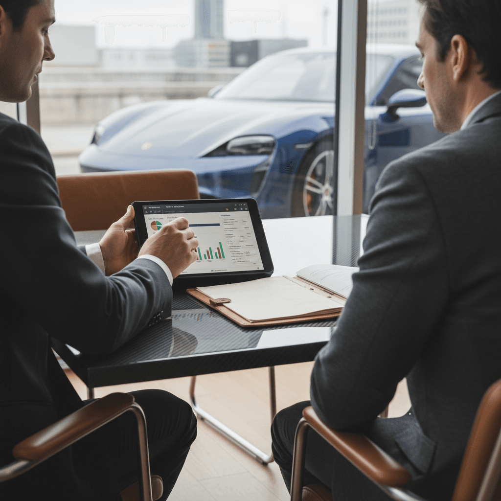 Porsche Taycan owner reviewing insurance coverage options with an agent on a tablet