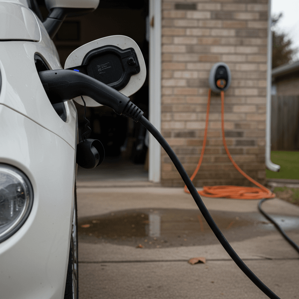 Fiat 500e plugged into a home charger, focusing on the charging port and cable