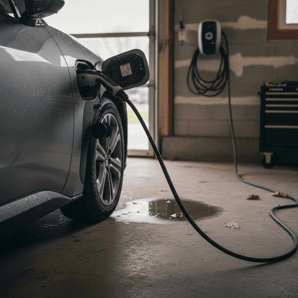 Toyota bZ4X plugged into a Level 2 home charger in a suburban garage