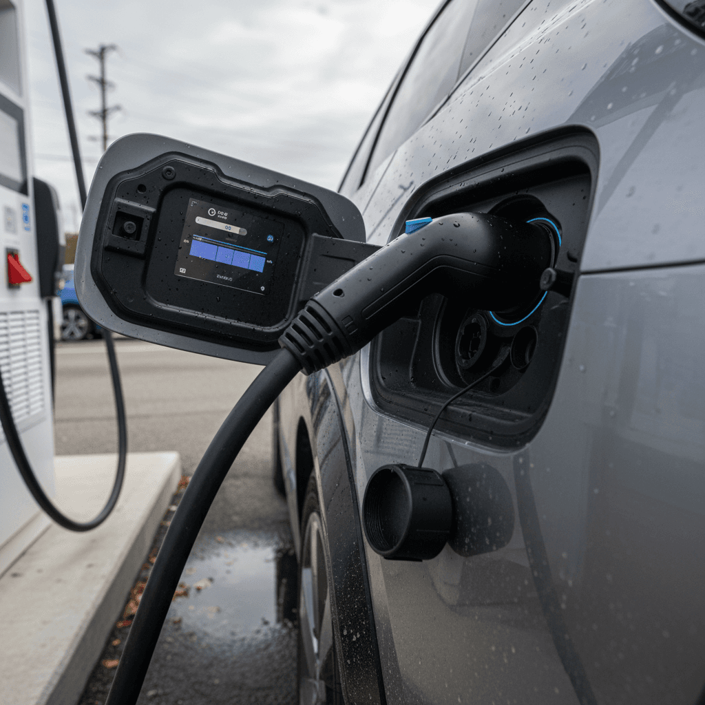 2023 Nissan Ariya plugged into a DC fast charger, close-up of the charge port and station display during a range test stop