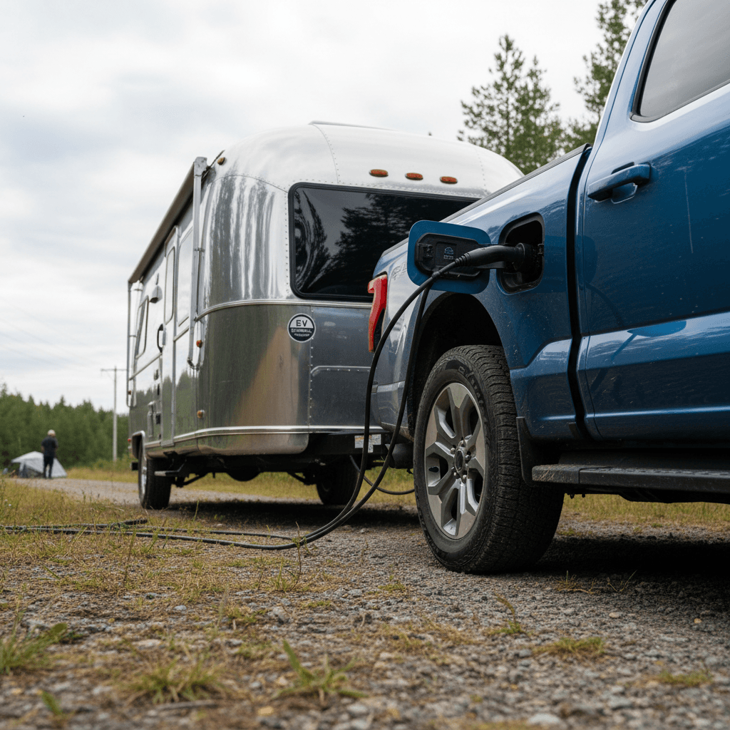 Ford F-150 Lightning plugged in at a public charging station, highlighting battery-dependent driving