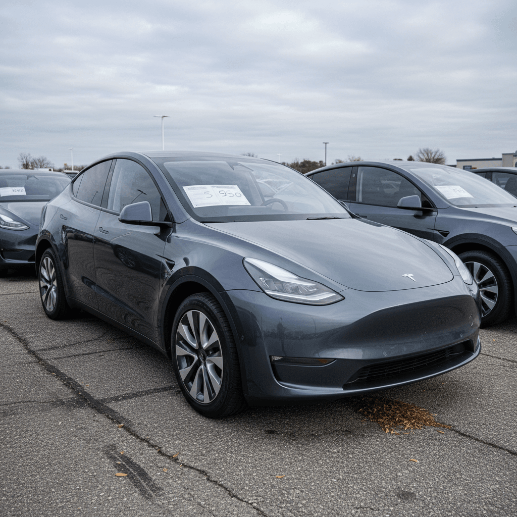 Row of used Tesla Model Y SUVs on a dealer lot with price tags in the windshield, illustrating trade-in inventory