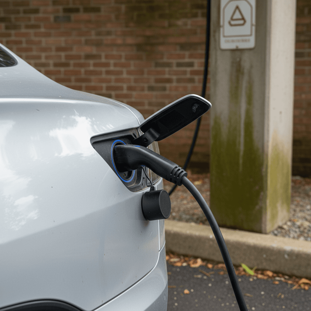 Row of Tesla Supercharger stalls at a highway charging site