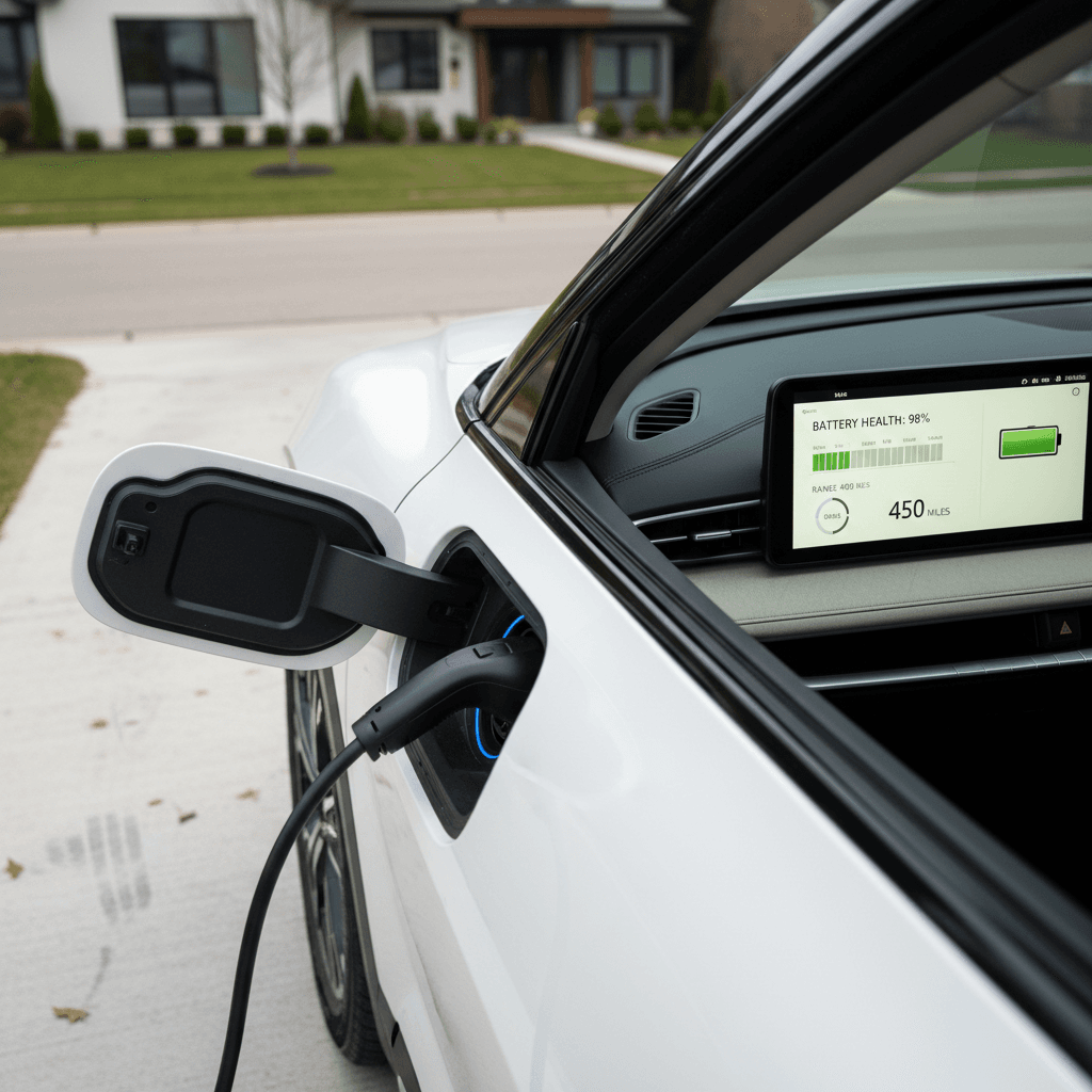 Detail shot of a Kia EV9 charging port and in‑car range display, cleaned and ready for sale