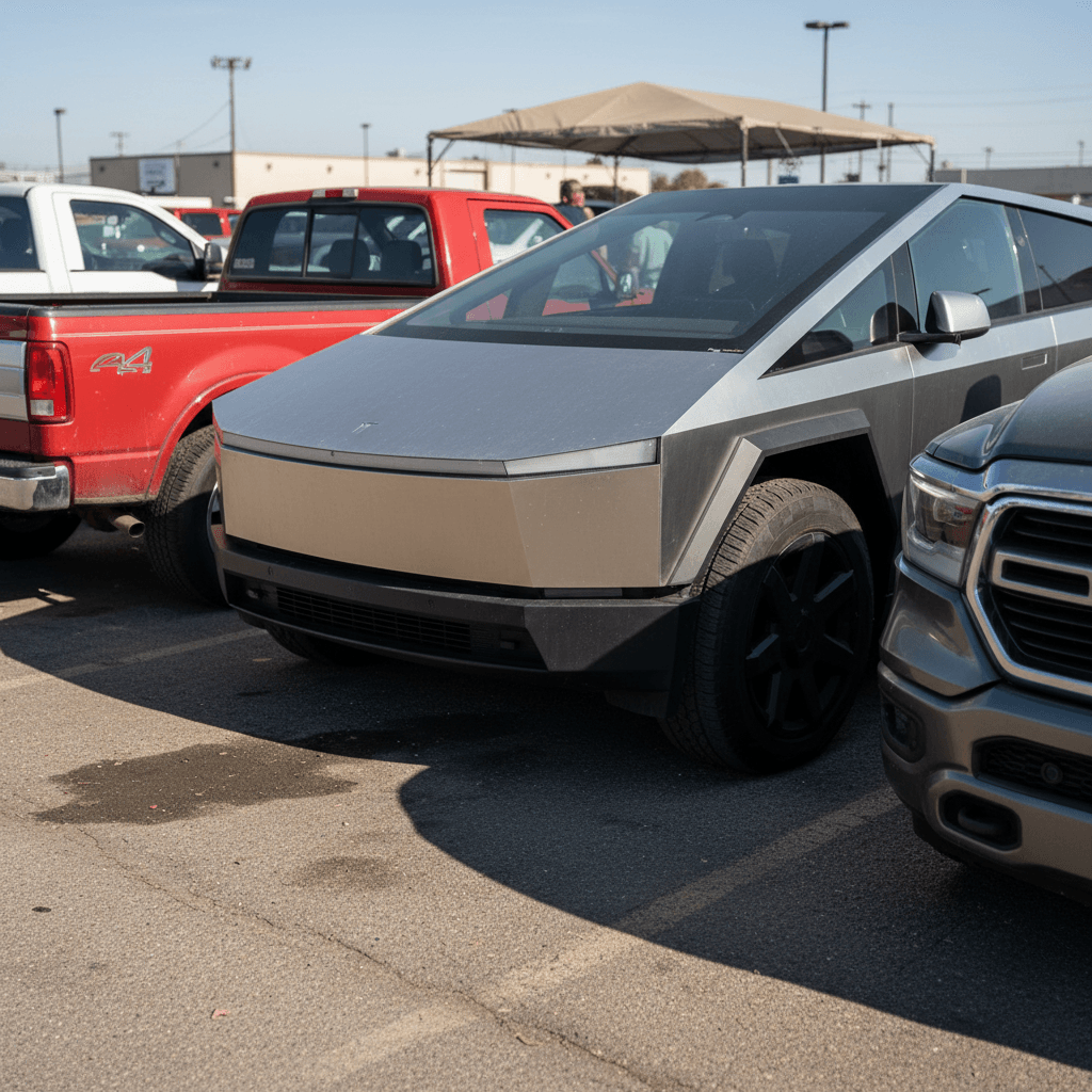 Used Tesla Cybertruck parked between other pickup trucks at a dealership lot