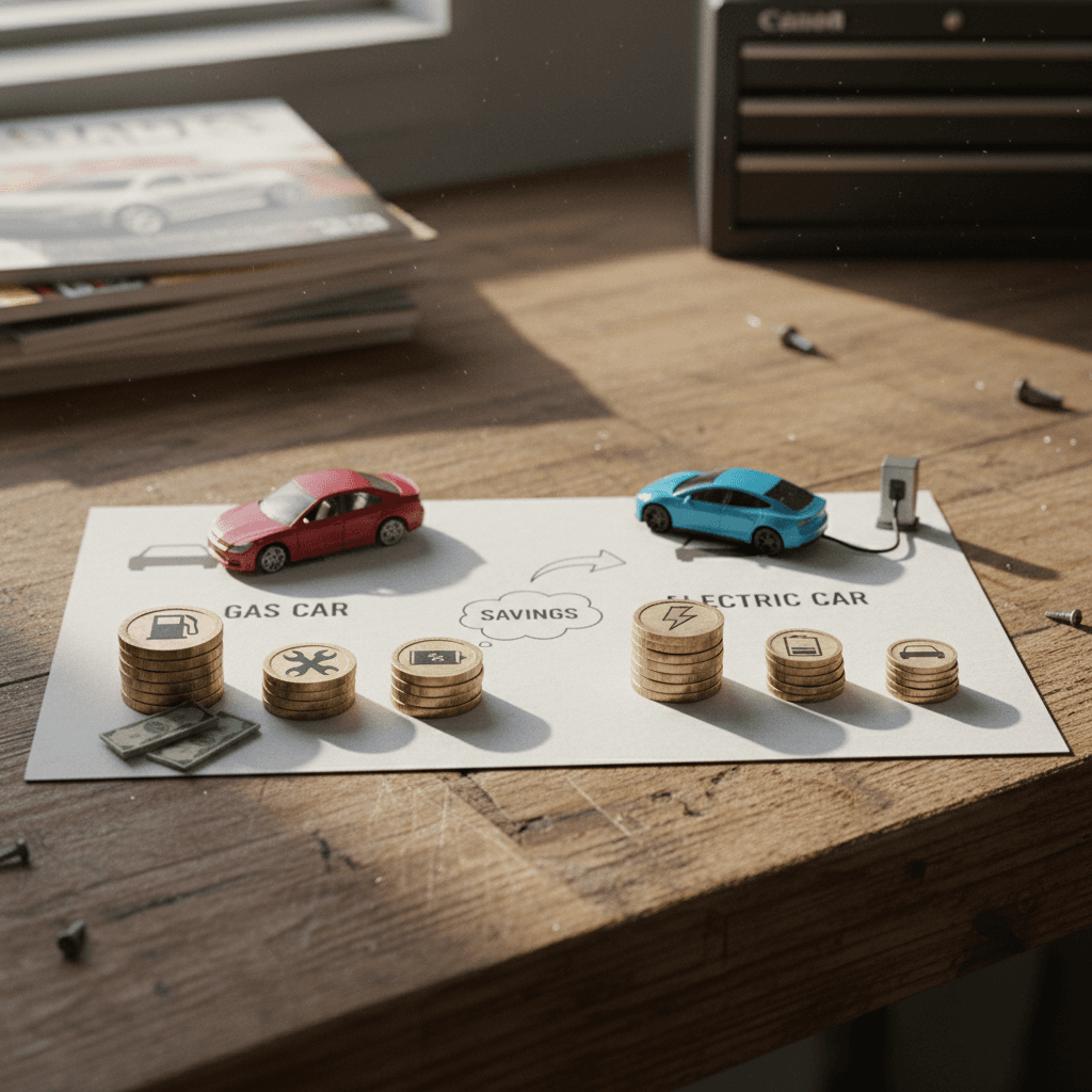 Infographic style comparison of 10 year ownership costs for a gas SUV and an electric SUV, highlighting fuel, maintenance, and depreciation differences