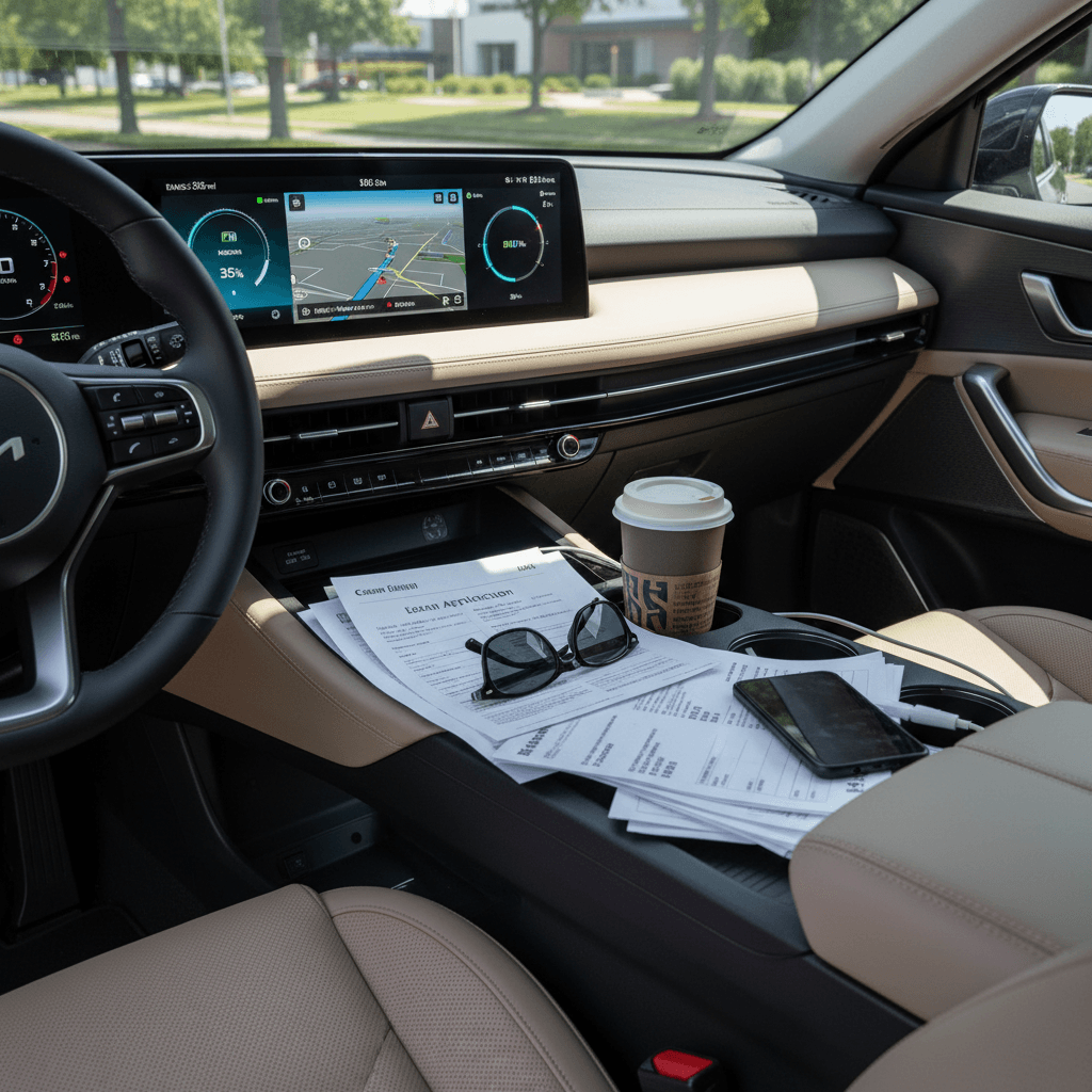 Customer reviewing Kia EV9 pricing, payment options, and financing terms on a tablet inside the vehicle