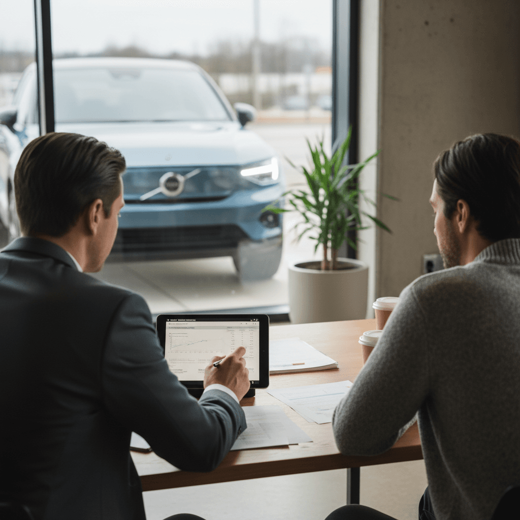 Insurance agent and Volvo EX30 owner reviewing electric vehicle insurance options at a desk