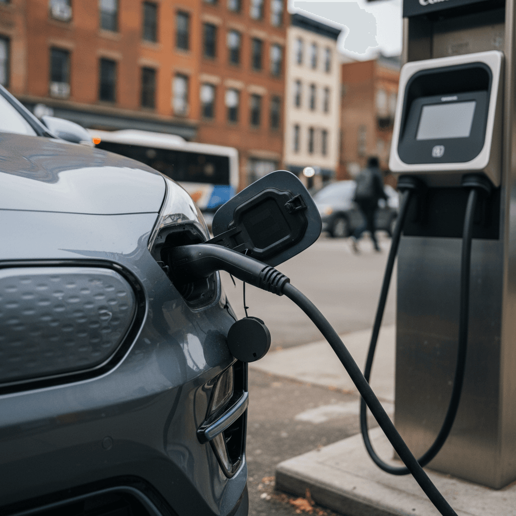 2025 Kia Niro EV plugged into a public DC fast charger in a city setting