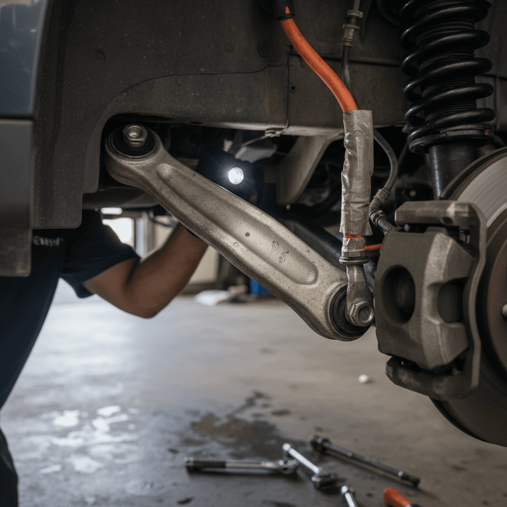 Mechanic inspecting the suspension components and bushings on an electric vehicle raised on a lift