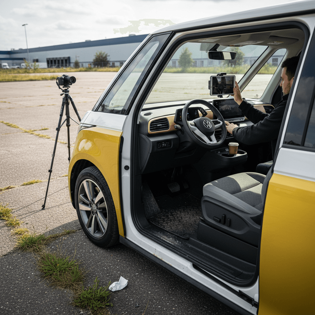 Volkswagen ID. Buzz being photographed inside and out for an online used EV listing