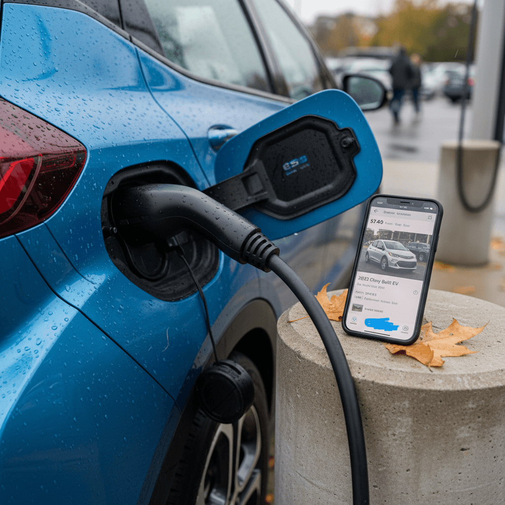 Owner charging a 2022 Chevrolet Bolt EV while creating an online listing on a smartphone