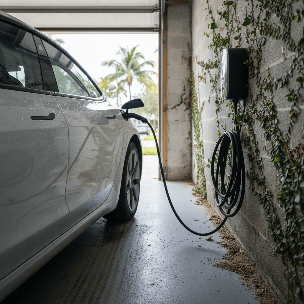 Home Level 2 EV charger mounted on a garage wall in Florida, charging a compact electric SUV