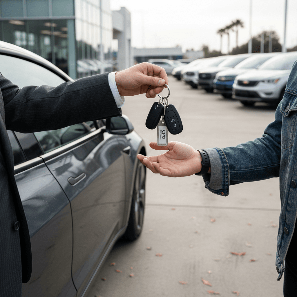 Salesperson at a certified pre-owned car dealership handing keys to a customer