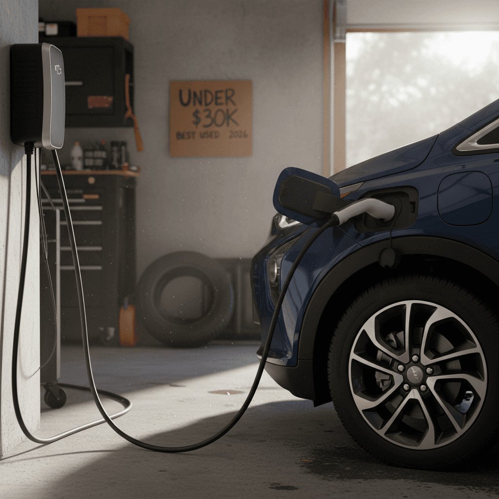 Used Chevrolet Bolt EUV compact crossover charging at a home garage Level 2 charger