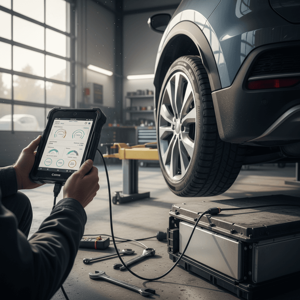 Technician using a diagnostic tablet to run a battery health test on a used electric vehicle in a service bay