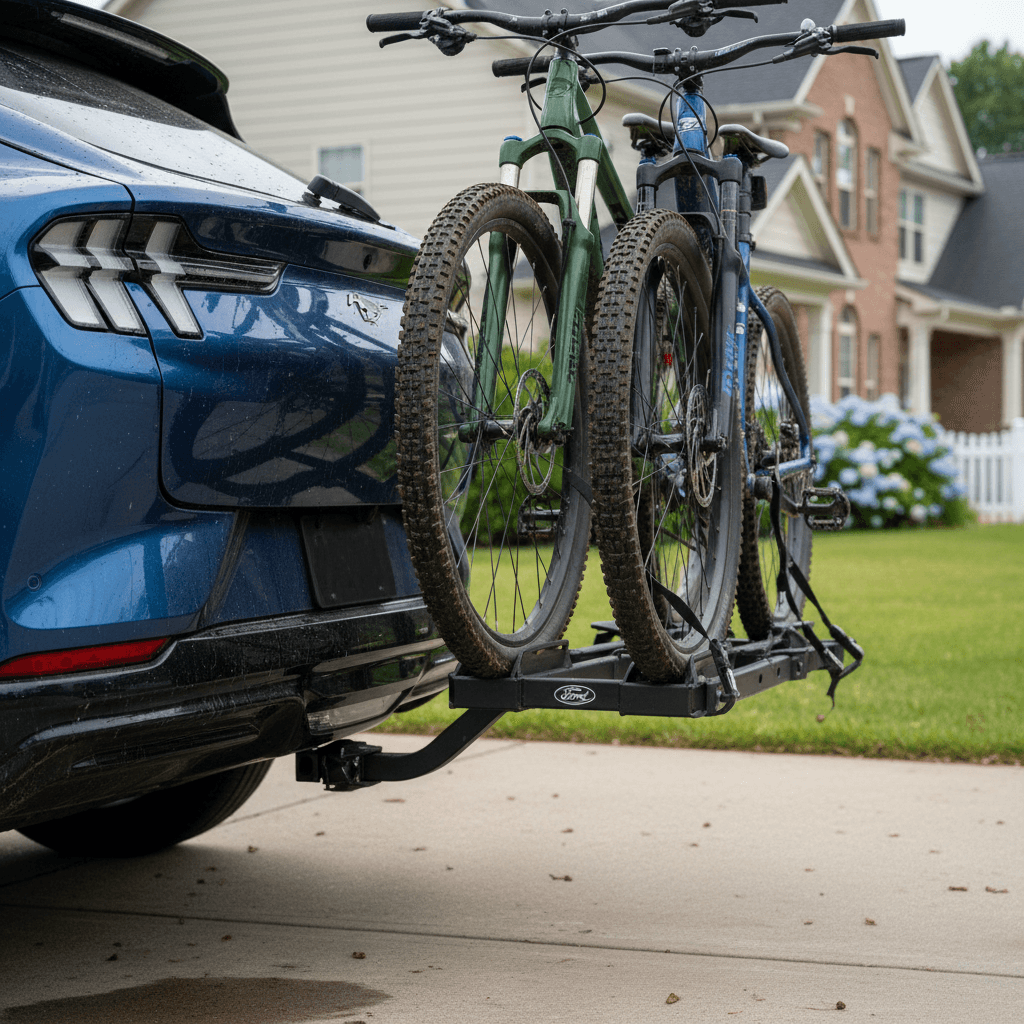 Ford Mustang Mach-E with an aftermarket 2-inch hitch receiver and platform bike rack loaded with two bikes