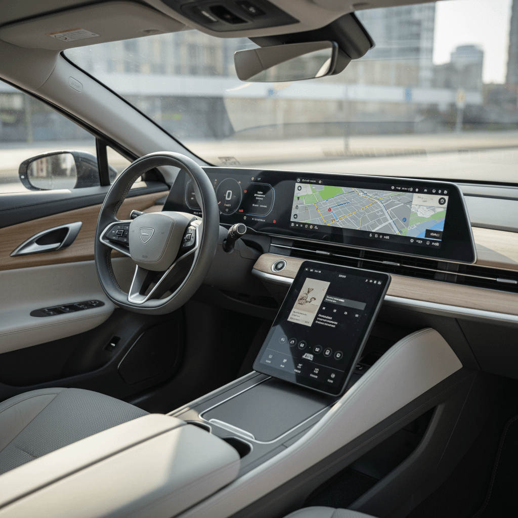 Interior of a 2022 Lucid Air showing the curved display and central touchscreen in a minimalist cabin