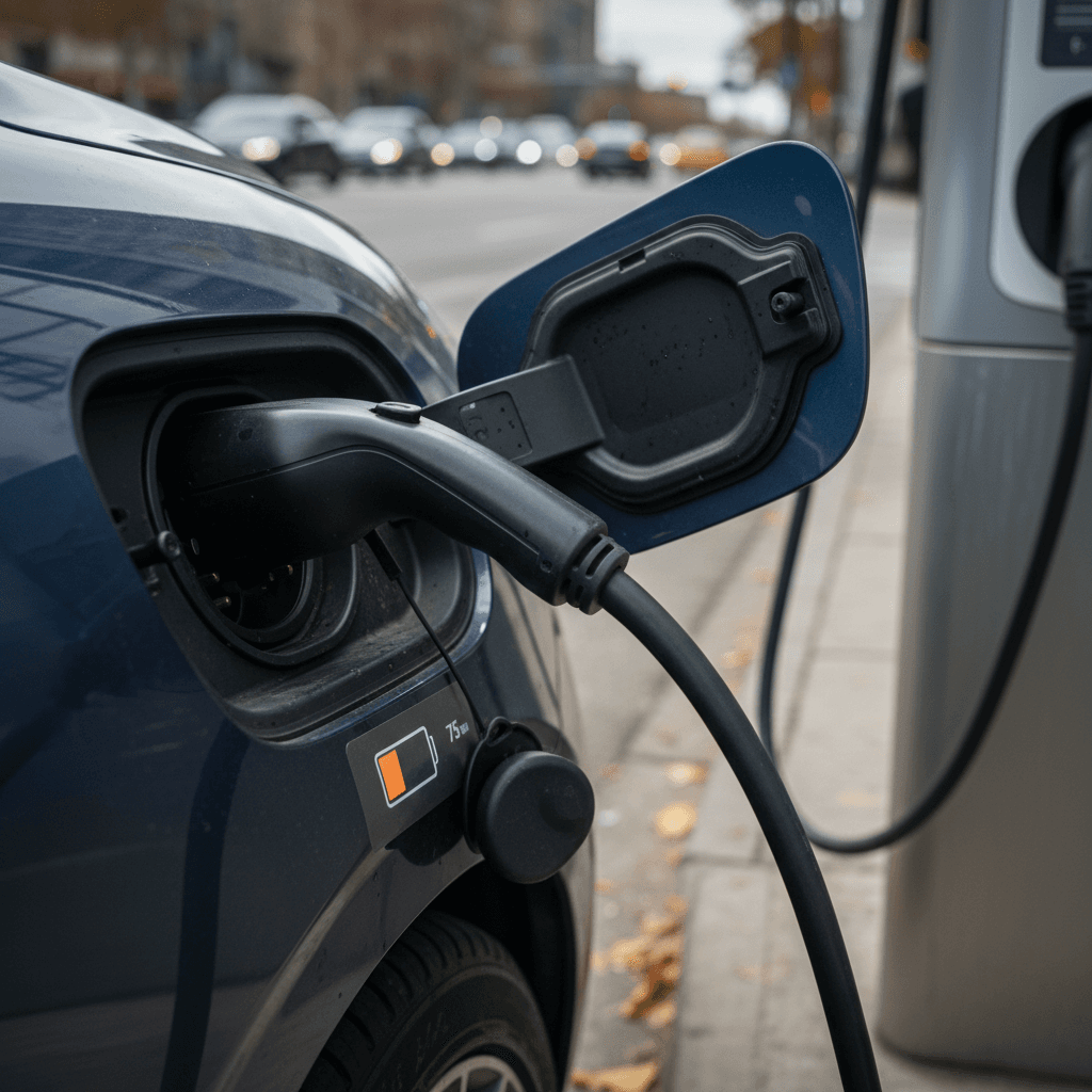 Genesis GV60 plugged into a public DC fast charger showing battery percentage on screen