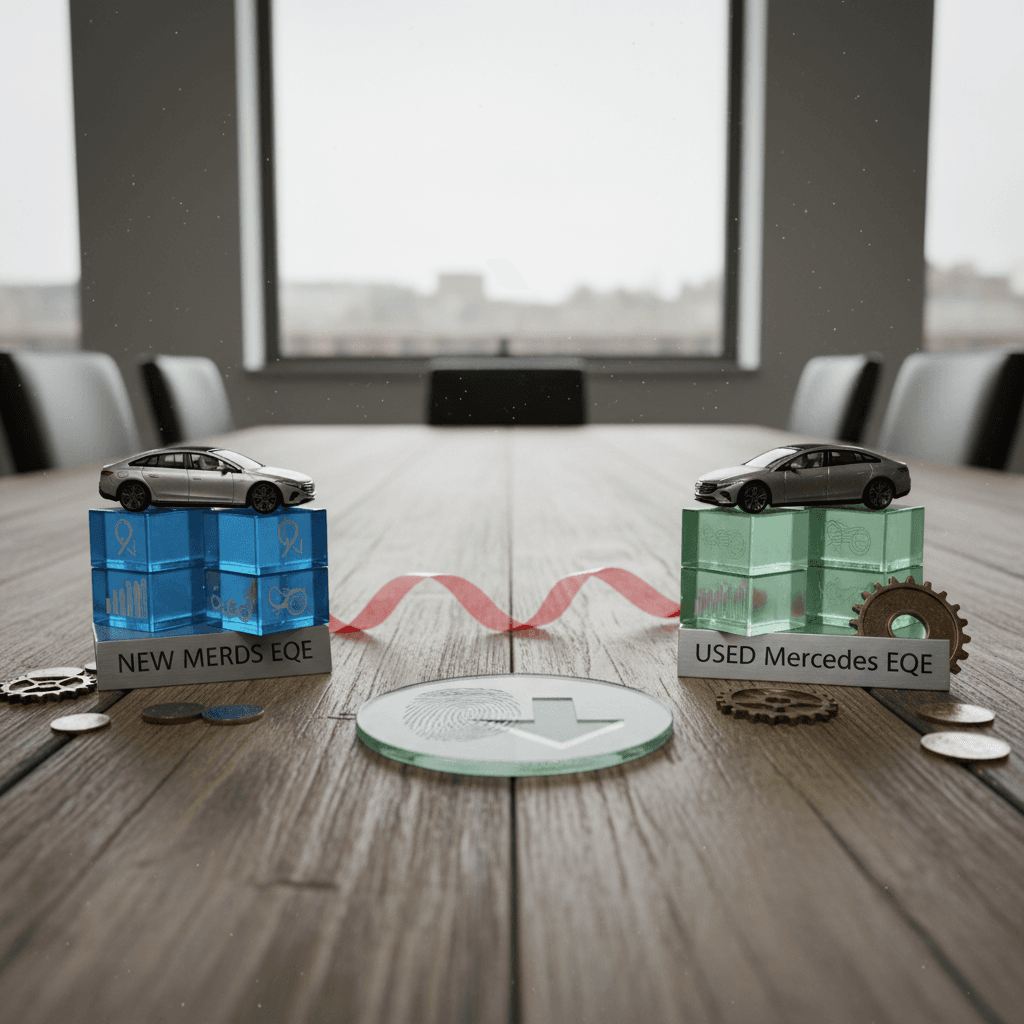 Comparison graphic showing the 5‑year cost of ownership for a new versus used Mercedes EQE, highlighting depreciation savings for the used purchase.