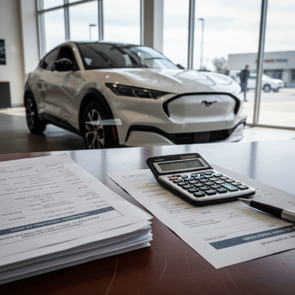 Finance paperwork and calculator on a desk with a used Ford Mustang Mach‑E visible outside a showroom window
