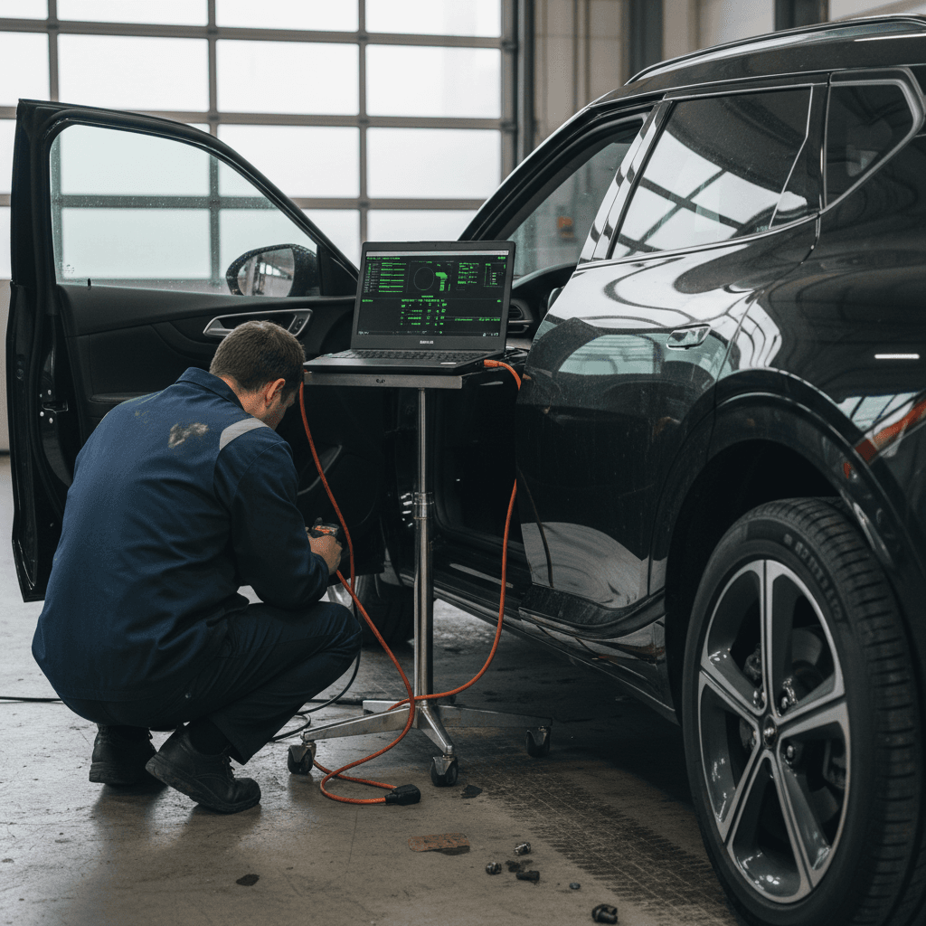 Technician performing diagnostic scan on a Kia EV6 in a service bay, focusing on reliability and electrical system health.