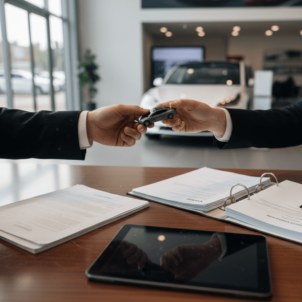 Customer reviewing a trade‑in appraisal offer for a Tesla Model 3 at a dealership counter