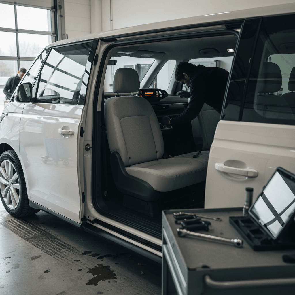 Volkswagen ID. Buzz electric van on a lift in a dealership service bay as technicians perform recall repairs
