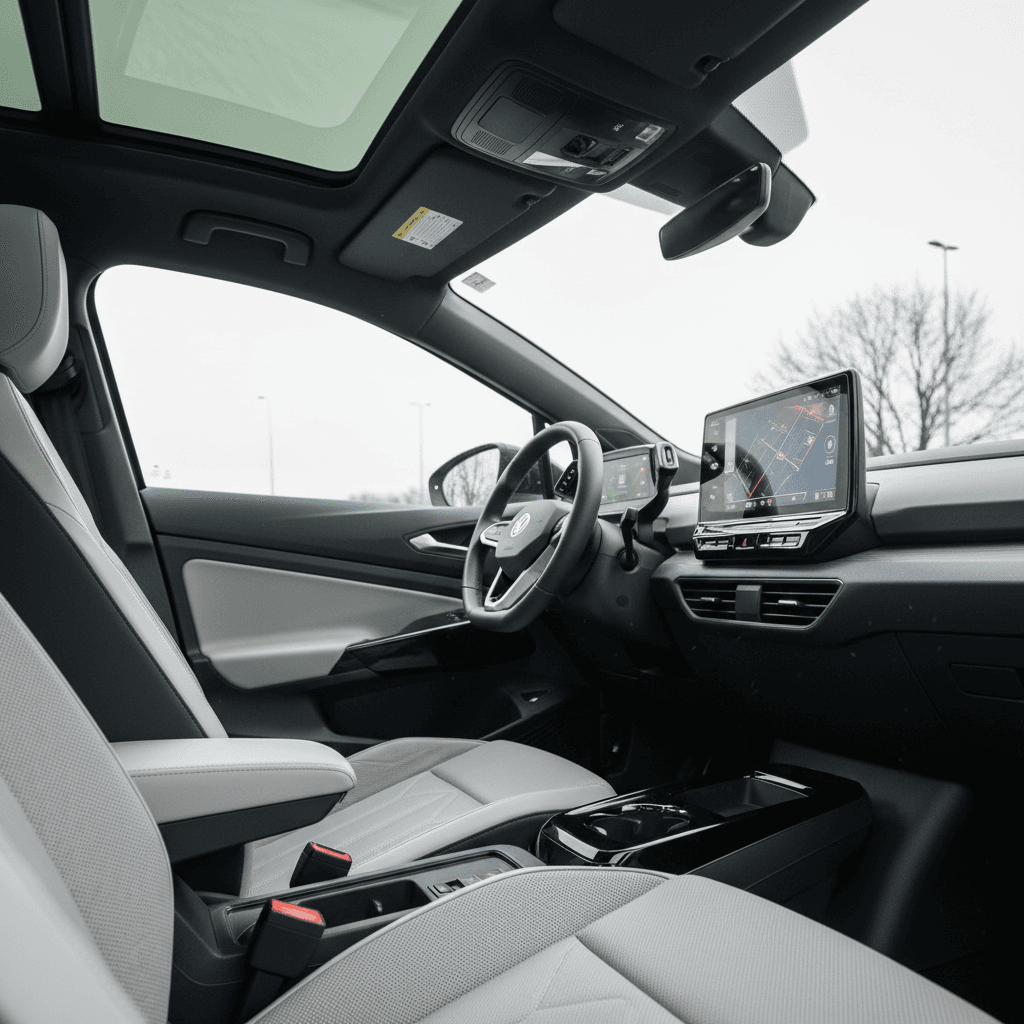 Volkswagen ID.4 interior highlighting the panoramic glass roof, power front seats, and large central infotainment screen