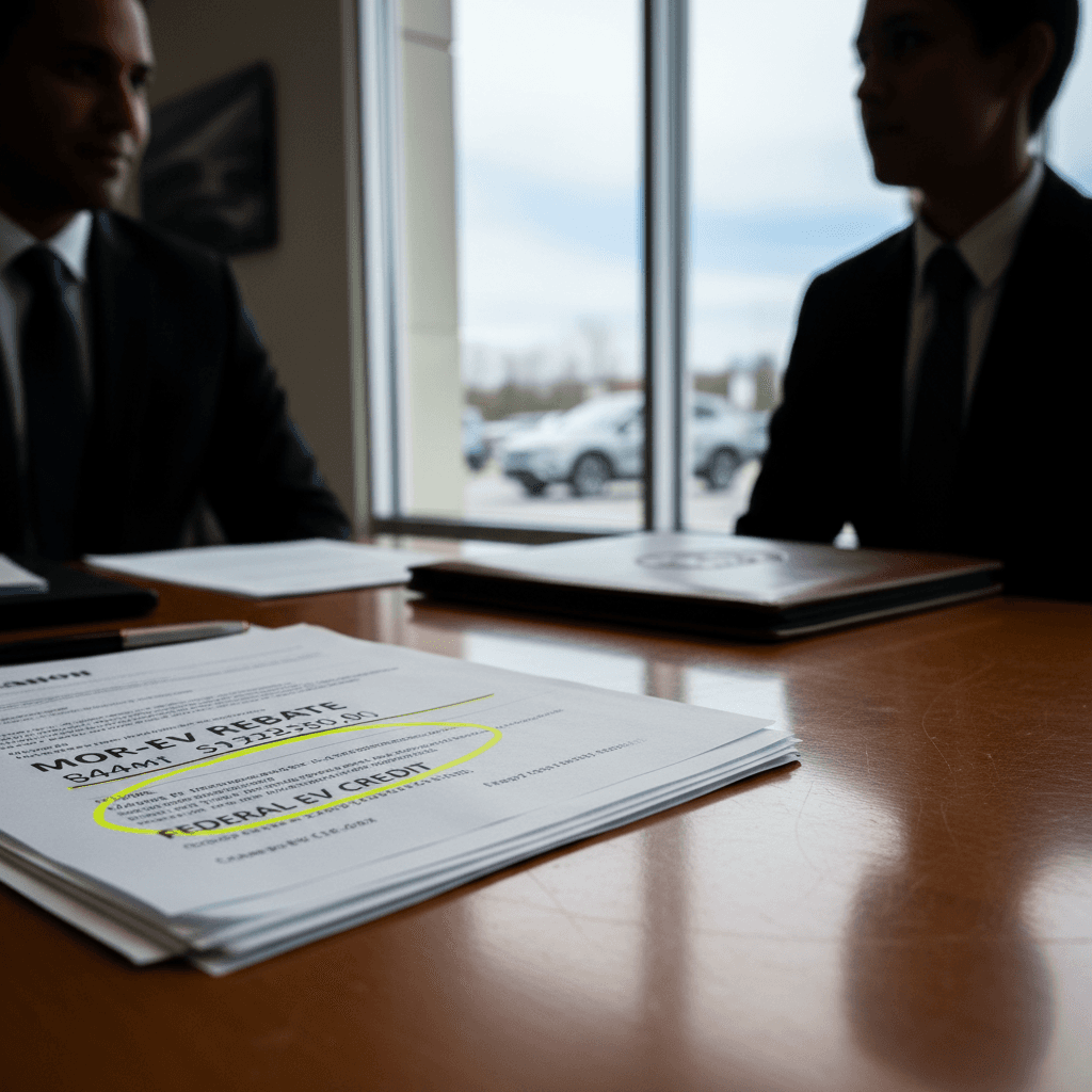 Customer in Massachusetts reviewing an electric car lease agreement with a dealer, highlighting rebates and monthly payment details