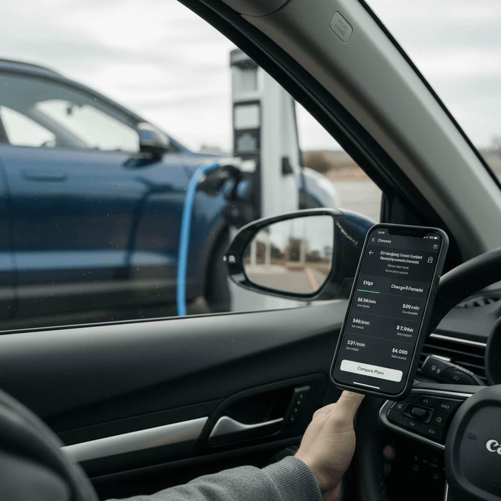 Driver standing at a DC fast charging station, checking membership pricing on a smartphone before starting a session