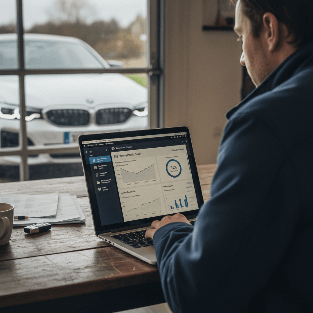 Seller reviewing a BMW i5 battery health and valuation report on a laptop before listing the car for sale
