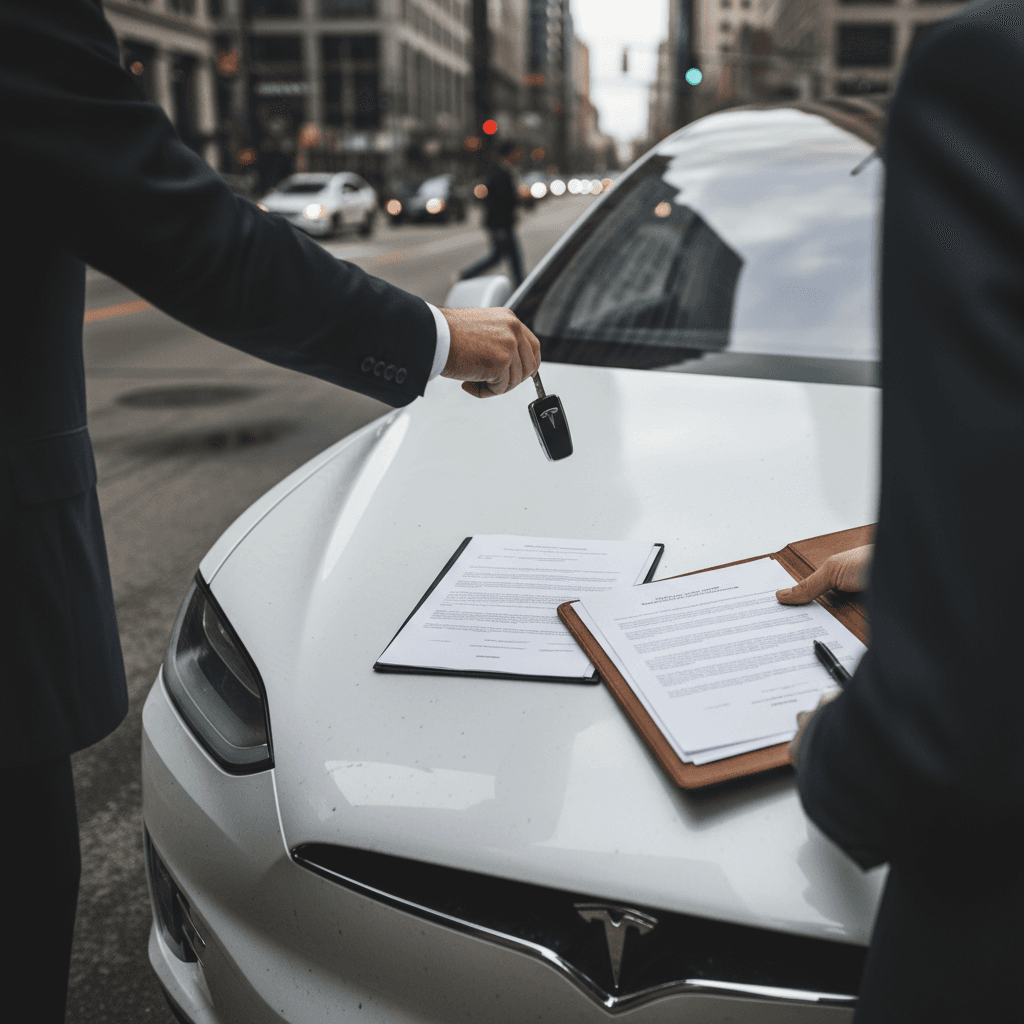 Seller and buyer reviewing paperwork beside a white Tesla Model X in a New York street parking spot