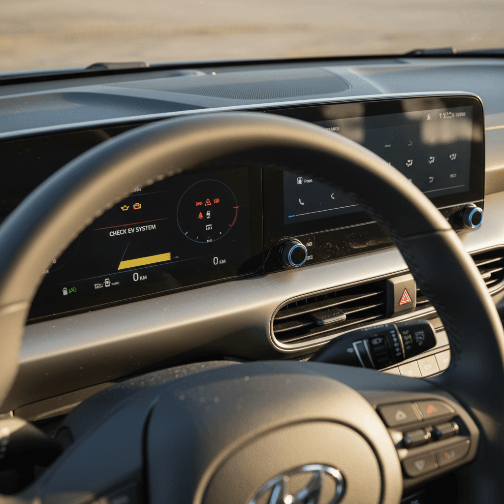 Digital instrument cluster of a Hyundai Kona Electric illuminated with warning lights