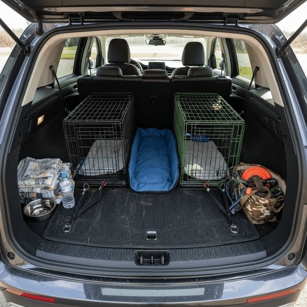 Electric SUV rear cargo area with rear seats folded flat and two large dog crates secured with tie-downs