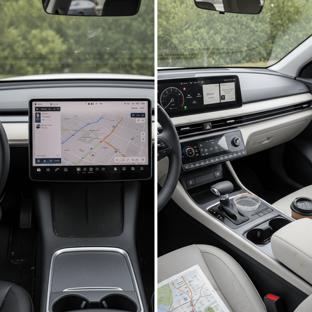 Side‑by‑side comparison of Tesla Model Y and Hyundai Ioniq 5 interiors, emphasizing screen layouts and controls