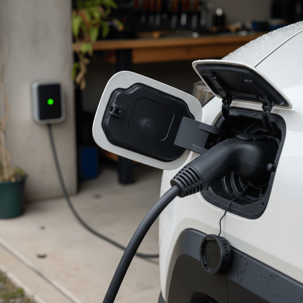 Subaru Solterra plugged into a home Level 2 charger in a residential driveway