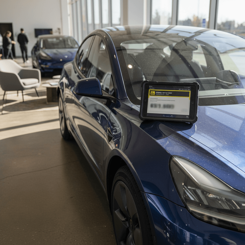 Used electric vehicle displayed in a dealership showroom with pricing and financing details on a digital tablet