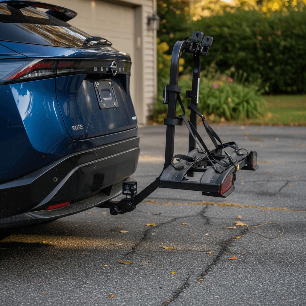 Nissan Ariya with a 2-inch hitch receiver and low-profile platform bike rack installed at the rear