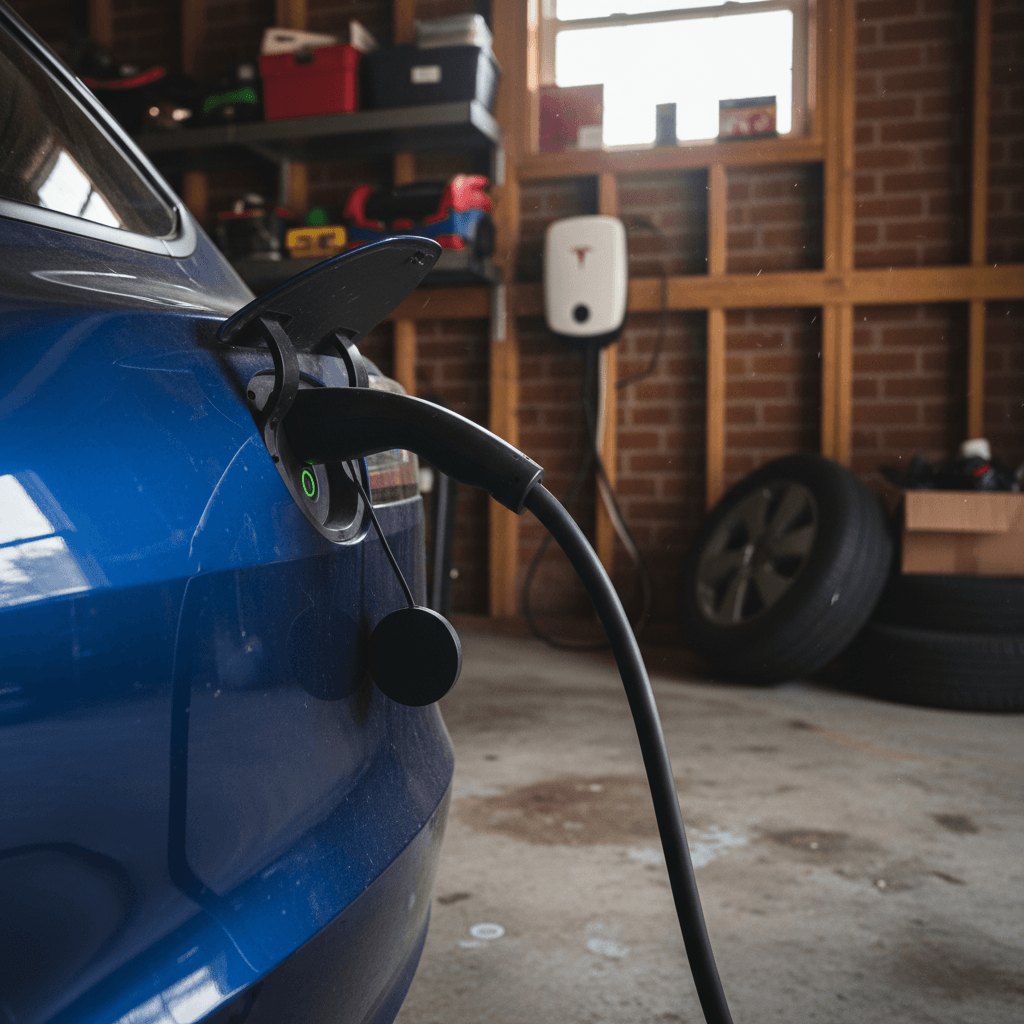 Used Tesla Model 3 plugged into a home Level 2 charger in a garage