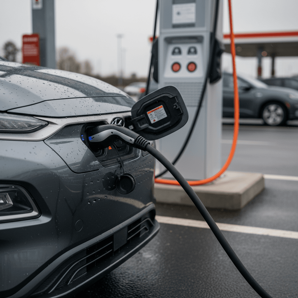 2023 Hyundai Kona Electric charging at a public DC fast charger