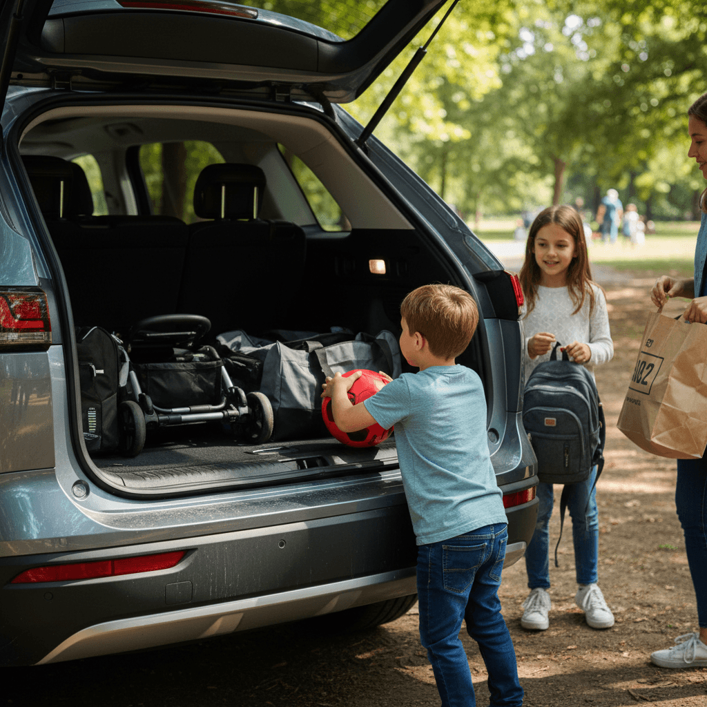 Family loading kids into the rear of a three-row electric SUV