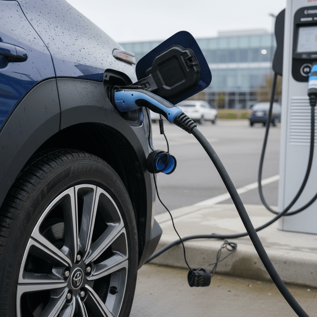 Close-up of a 2024 Toyota bZ4X plugged into a DC fast charger, showing the front wheel and open charging port