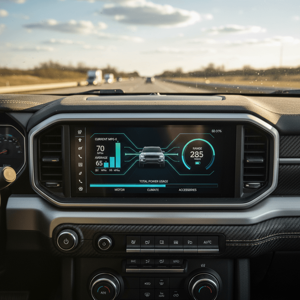 Driver view of a GMC Hummer EV highway trip showing energy consumption and remaining range on the central display