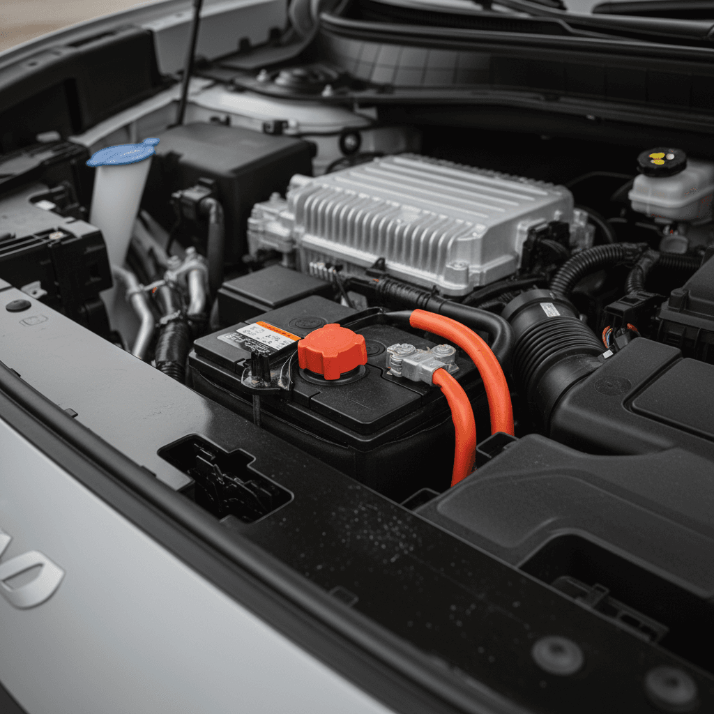 Kia EV9 under‑hood area showing the 12‑volt battery and labeled jump‑start terminals