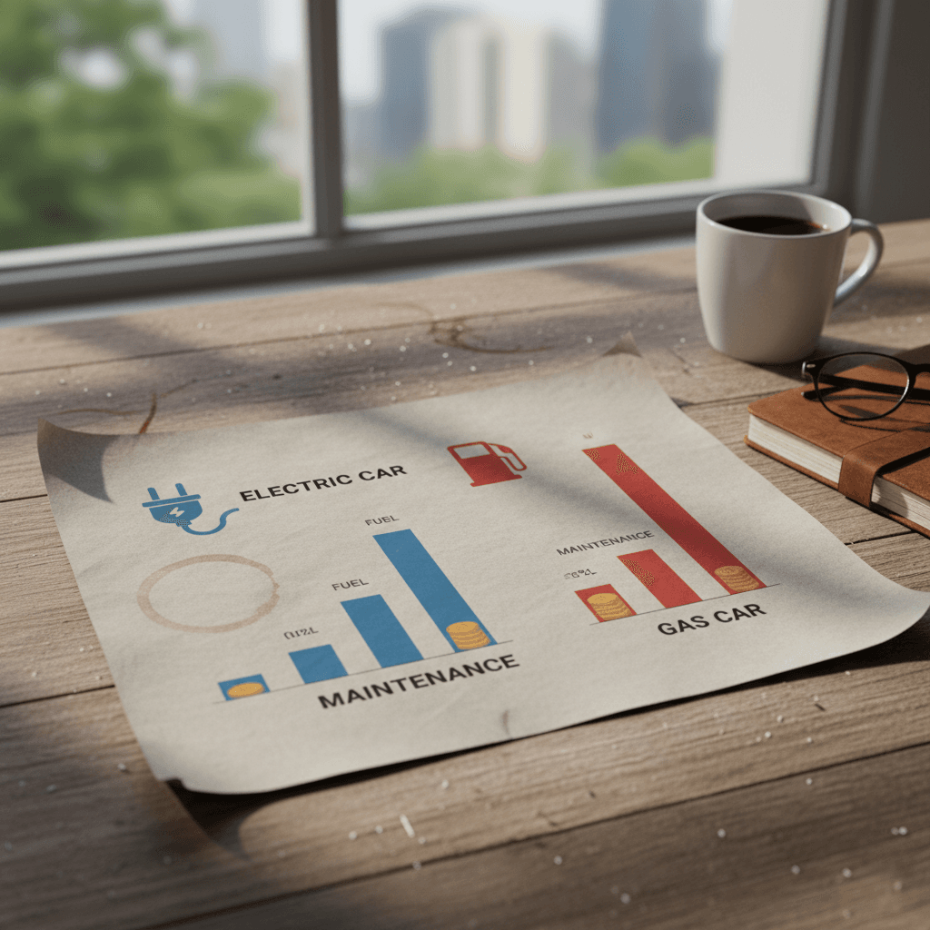 Infographic comparing annual ownership costs of a used electric car versus a similar used gas car, highlighting savings in fuel and maintenance