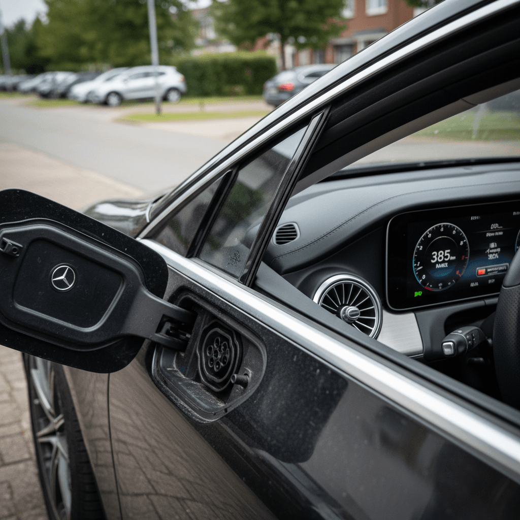 Owner checking battery status and range on a Mercedes EQE digital dashboard before listing the car for sale