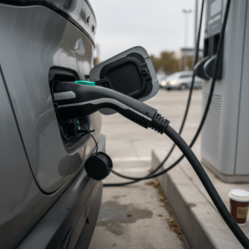 Nissan Ariya plugged into a public DC fast charger at a highway rest stop