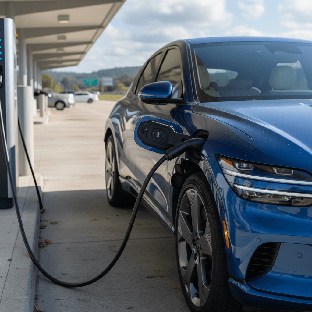 A 2025 Genesis GV60 plugged into a highway fast charger, illustrating its rapid DC charging capability