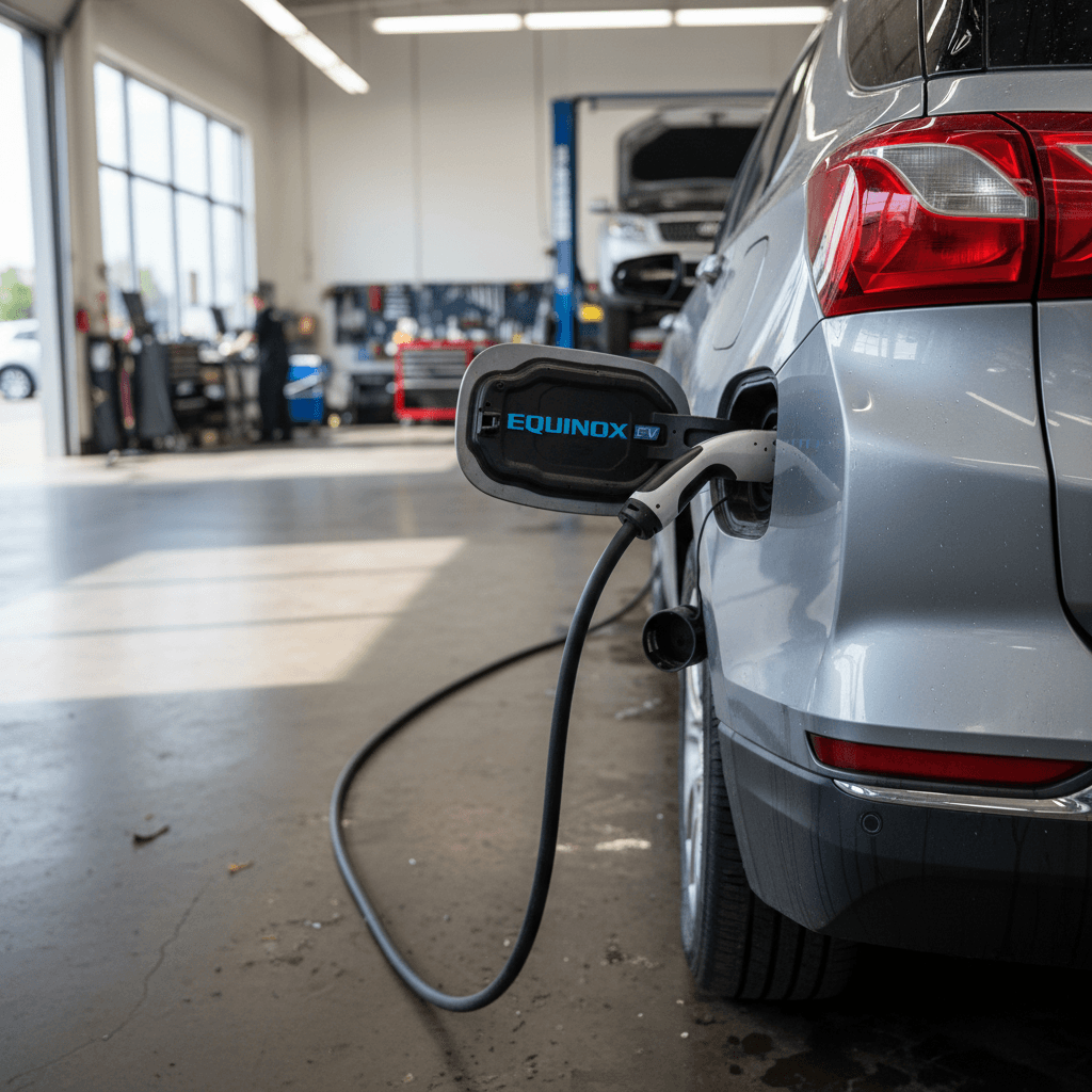 Chevrolet Equinox EV being inspected in a service bay while plugged into diagnostic equipment